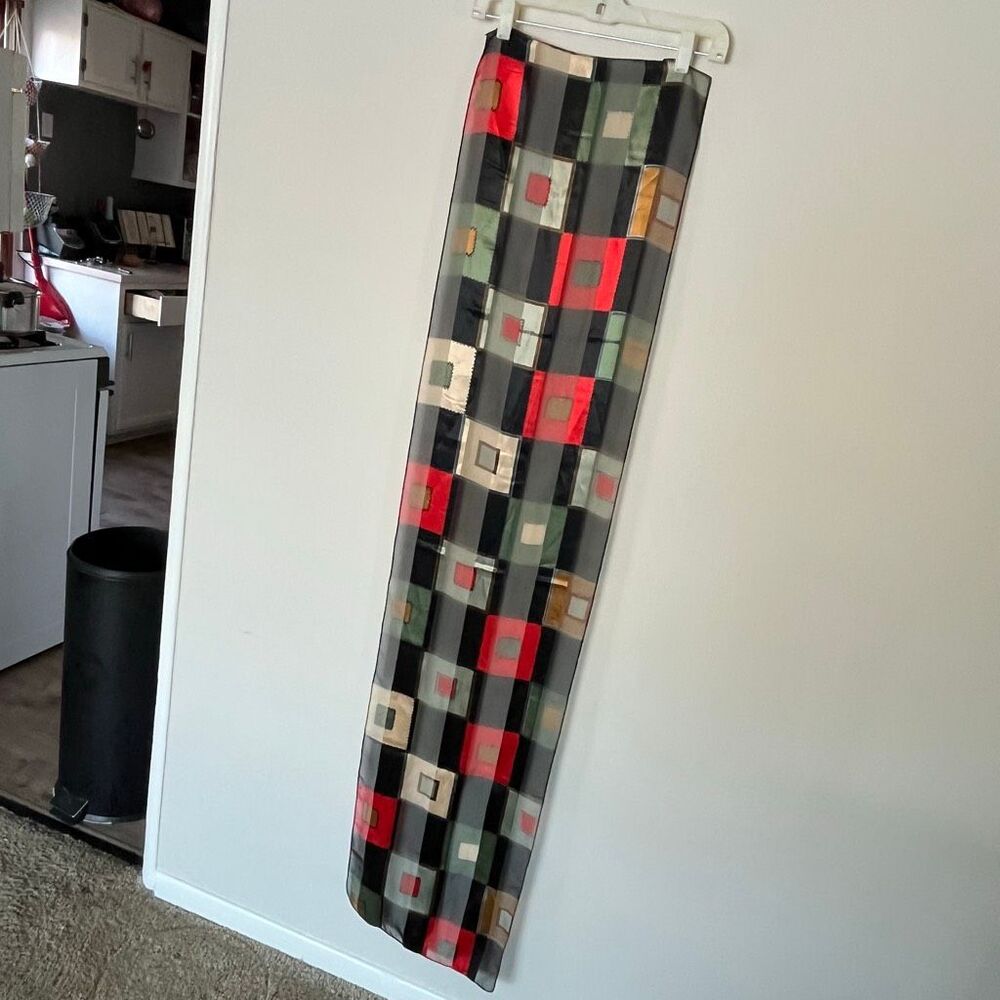 Sheer Patchwork Stripe Scarf Geometric Print Sati… - image 9